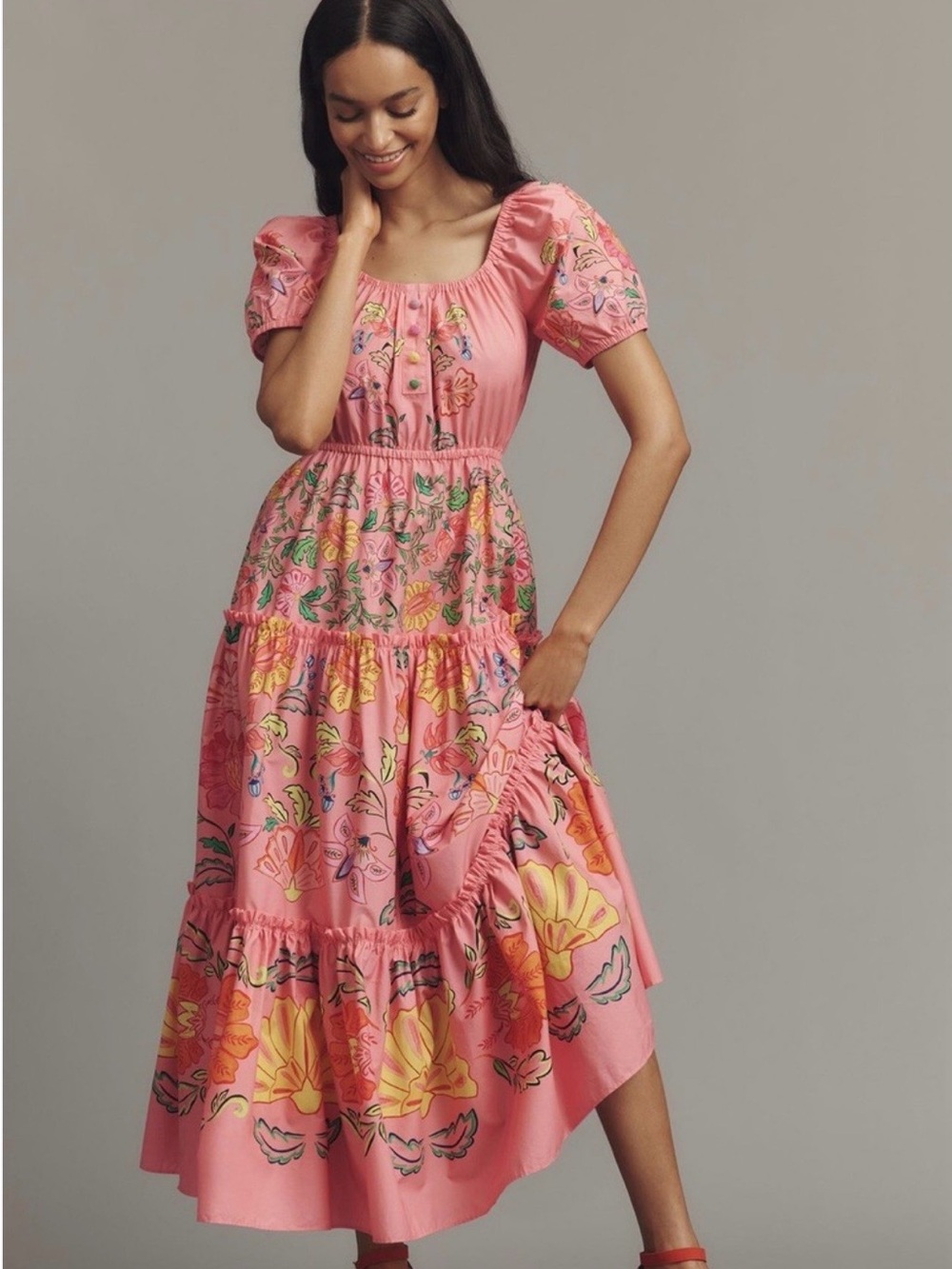 NWT Farm Rio Anthropologie Midi Dress Pink Tiered Puff Sleeve Floral Boho